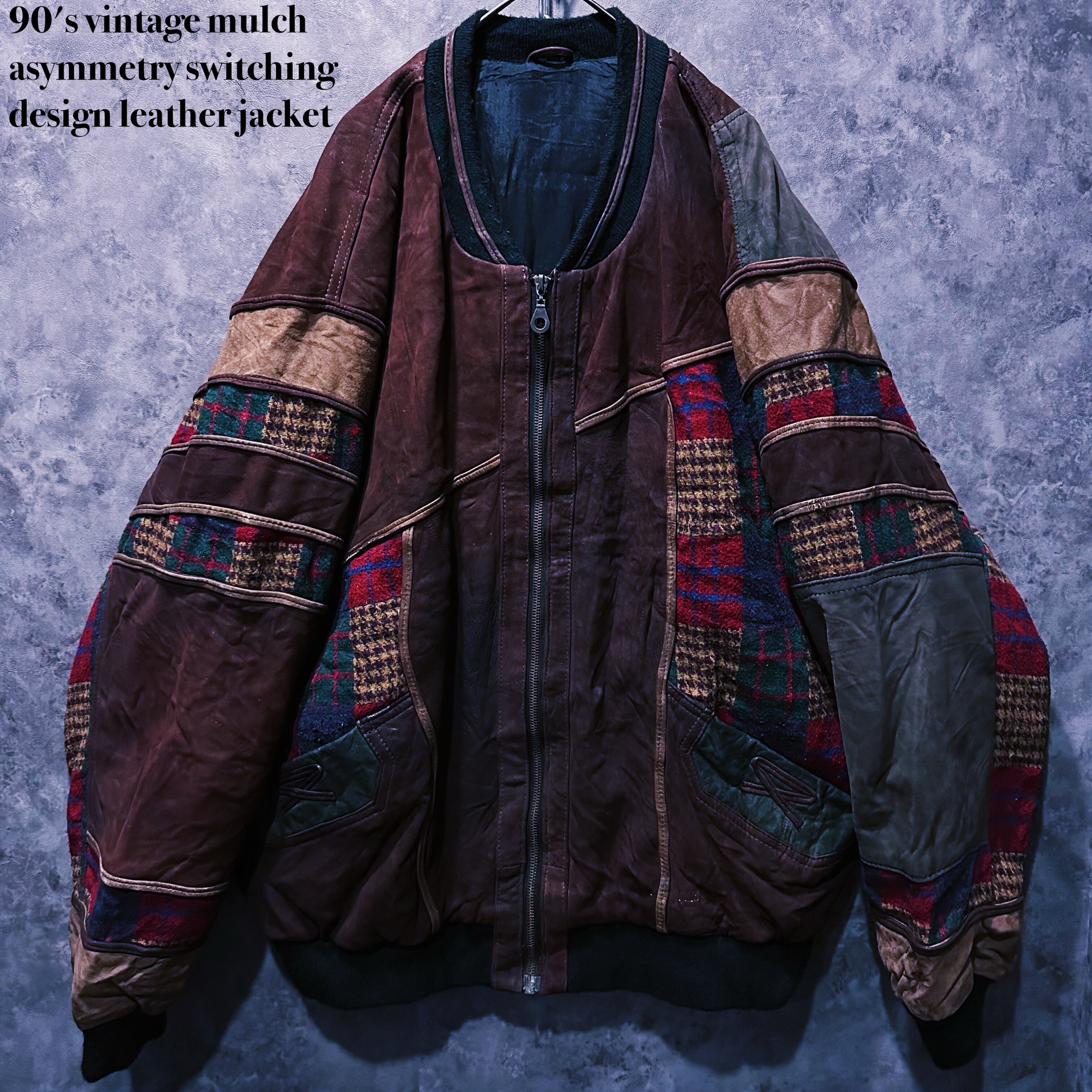 【doppio】90's vintage mulch asymmetry switching design leather jacket