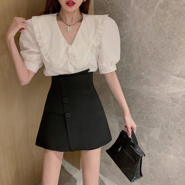 Vネックシャツ スリーブAラインスカート YY-ファッション6478273602