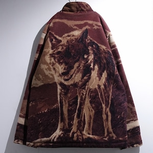 90s Multicolor Wolf Motif Design Animal Fleece Jacket