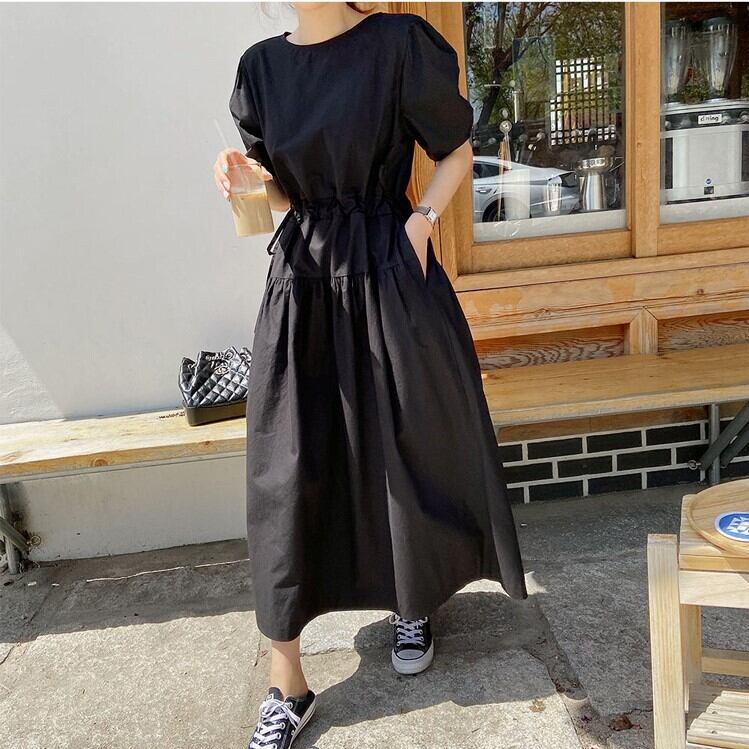 夏新作 ボリューム袖 ワンピース レディース ボリューム袖ワンピース ロング ラウンドネック 半袖 ボリュームスリーブ ワンピース ロングワンピース ワンピース ロング丈 マキシ丈 マキシワンピース 袖ボリューム ワンピ 春夏新作 夏 夏服 春夏 新作 ブラック 黒 P29