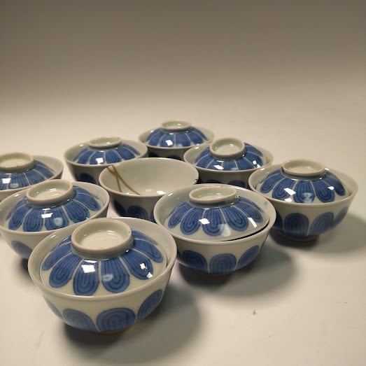 中国古陶磁 染付 青華 菊弁文 蓋碗 茶杯 蓋付小碗 九客 9客 煎茶道具