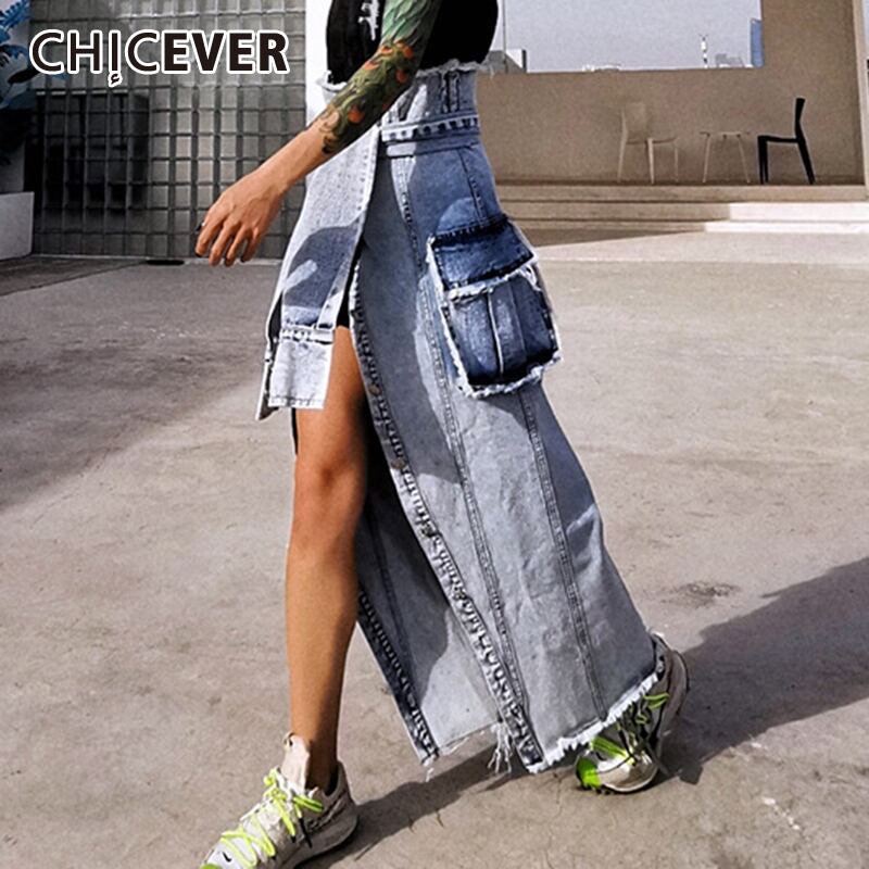 CHICEVERブルースカート女性ウエストレースアップ不規則な裾ポケットラージサイズストリートウェアミッドスカート2021サマータイド 大きめサイズ 夏物 6base549207133983