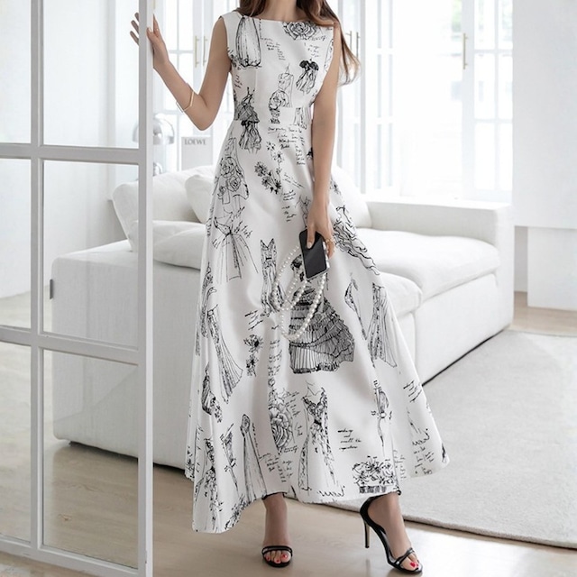 Sleeveless elegant waist fit flare long dress