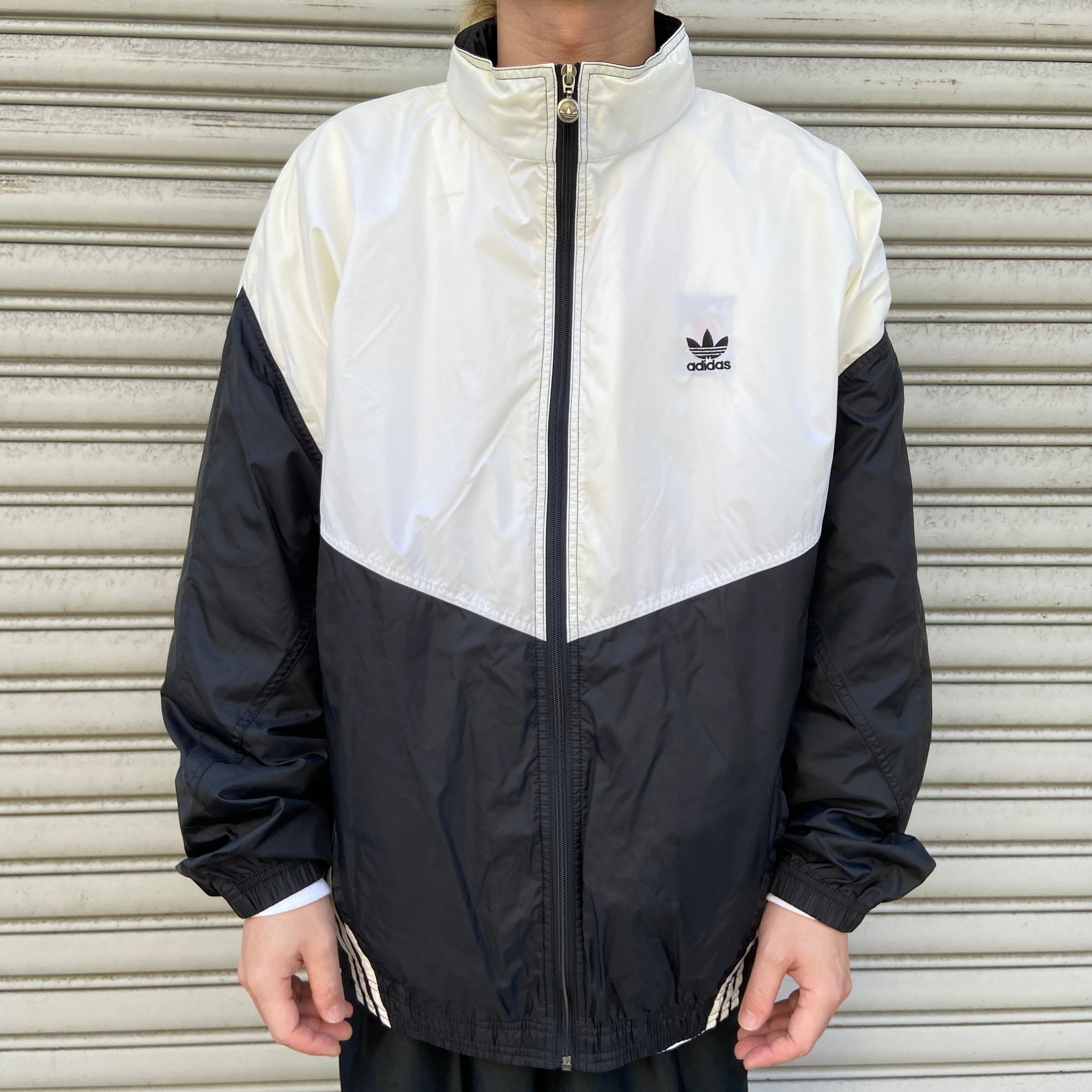 90s adidas ナイロンジャケット トレフォイルロゴ 3本線 白黒 L 90s adidas ナイロンジャケット トレフォイルロゴ 3本線 白黒 L
