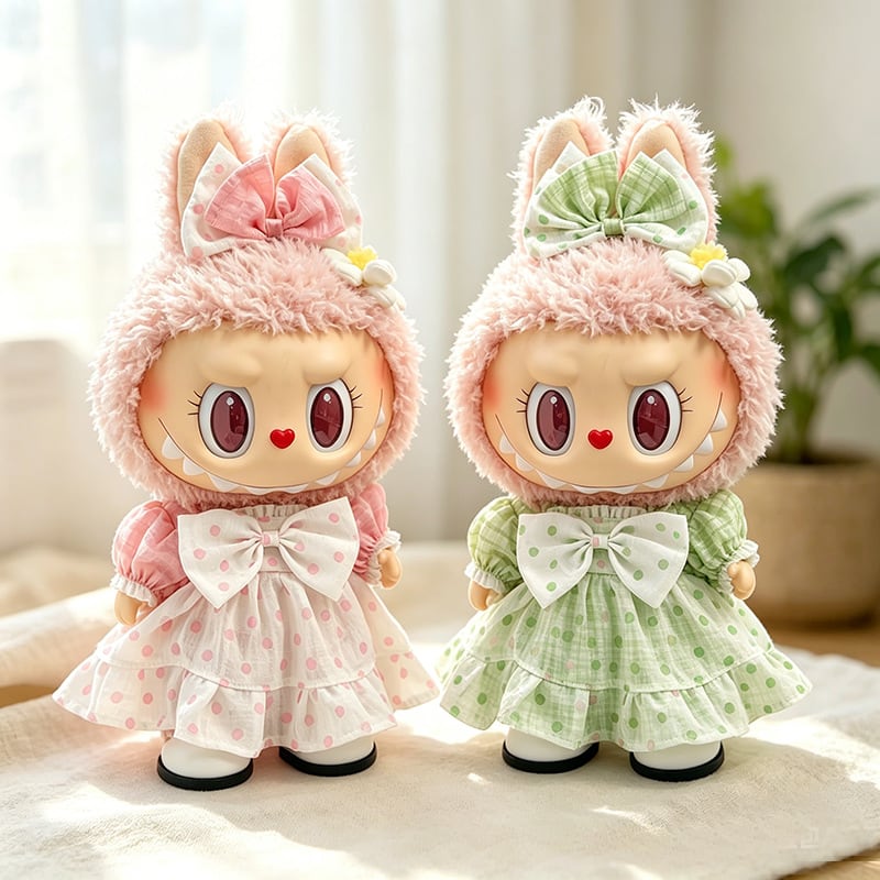 38cm Labubu用 ドット柄 ワンピース+ヘアアクセサリー+靴 ラブブ