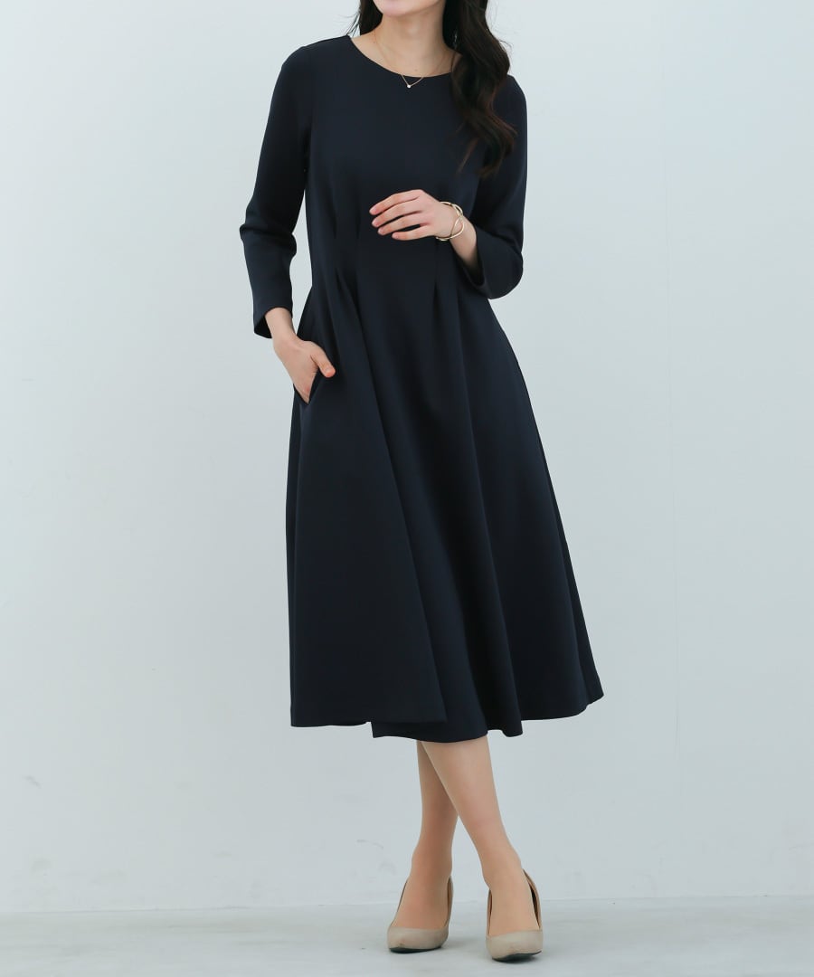 洗える・ストレッチ 】 スムースダンボール・タックフレアワンピース