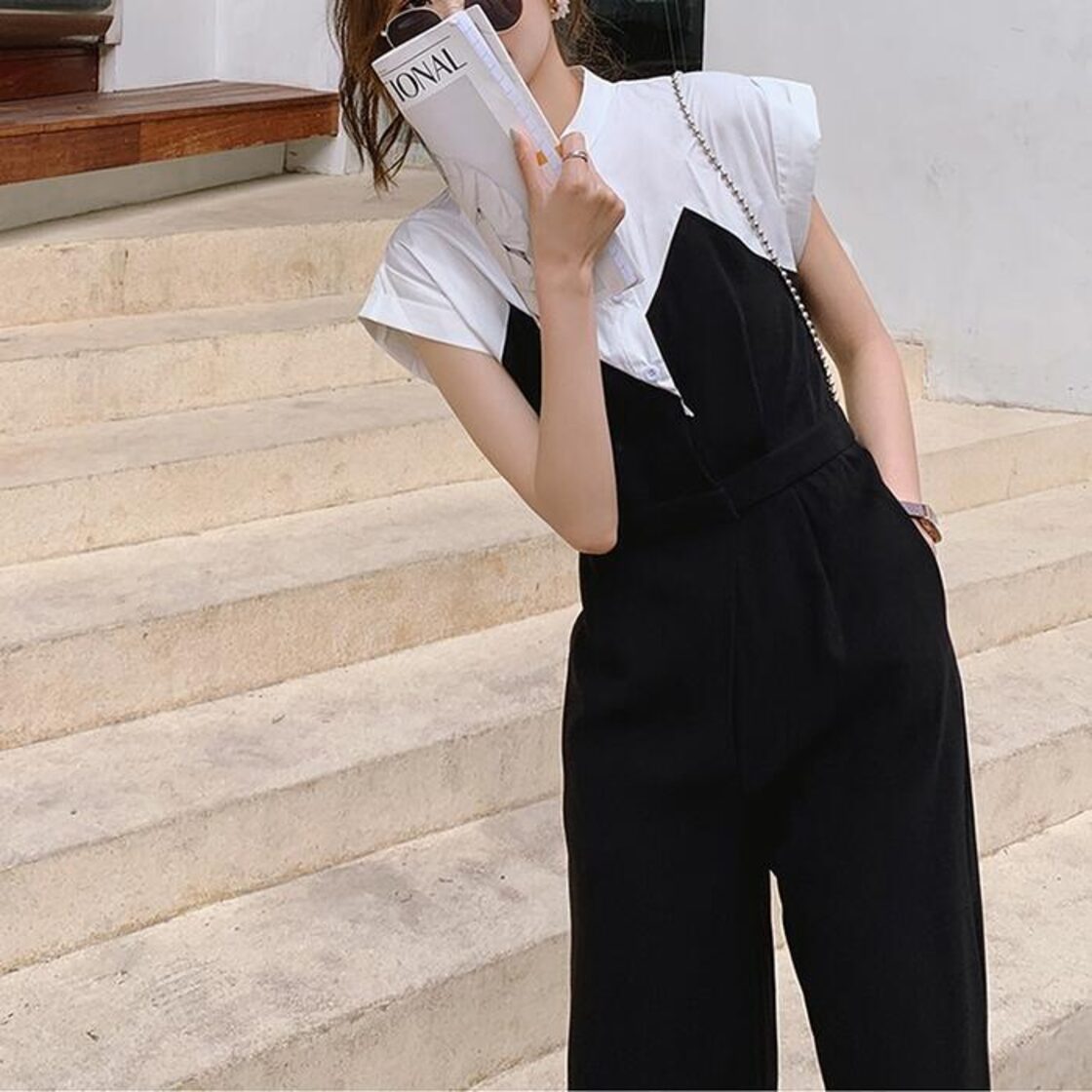 大きいサイズ オールインワン サロペット レイヤード風 ワンピース 