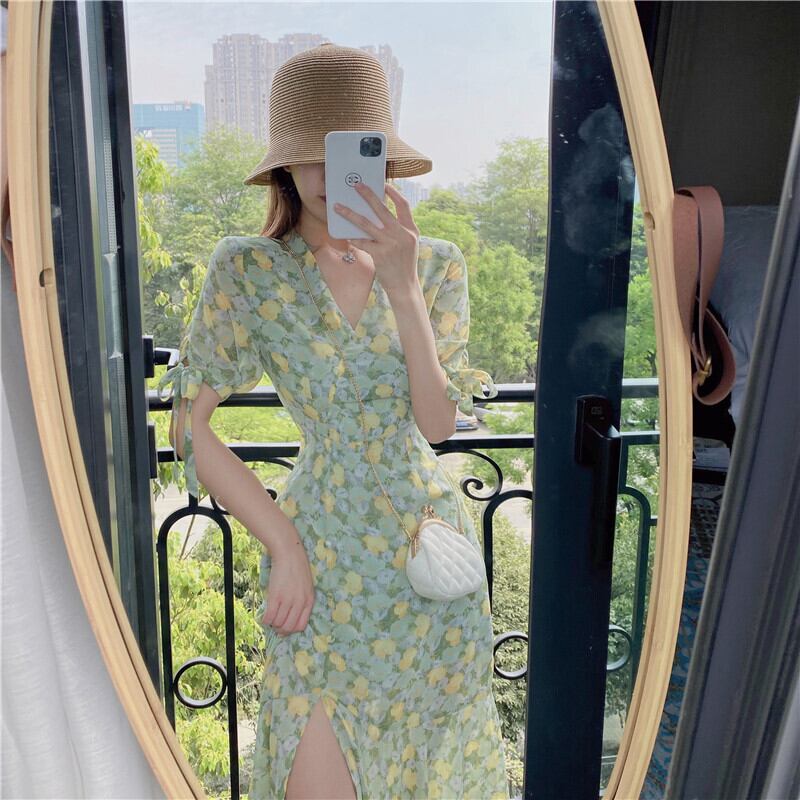 気質フローラルフレンチドレス女神ファン2020新夏ウエストスリミングスプリットシフォンスカートAラインスカート 1号婦人12375474627