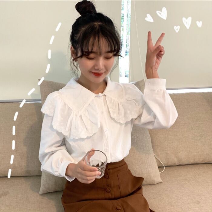スタイル人形の襟の白いシャツの女性2020年初春の新入生ルーズで薄い長袖の軽い成熟したトップ 1号婦人74412931949