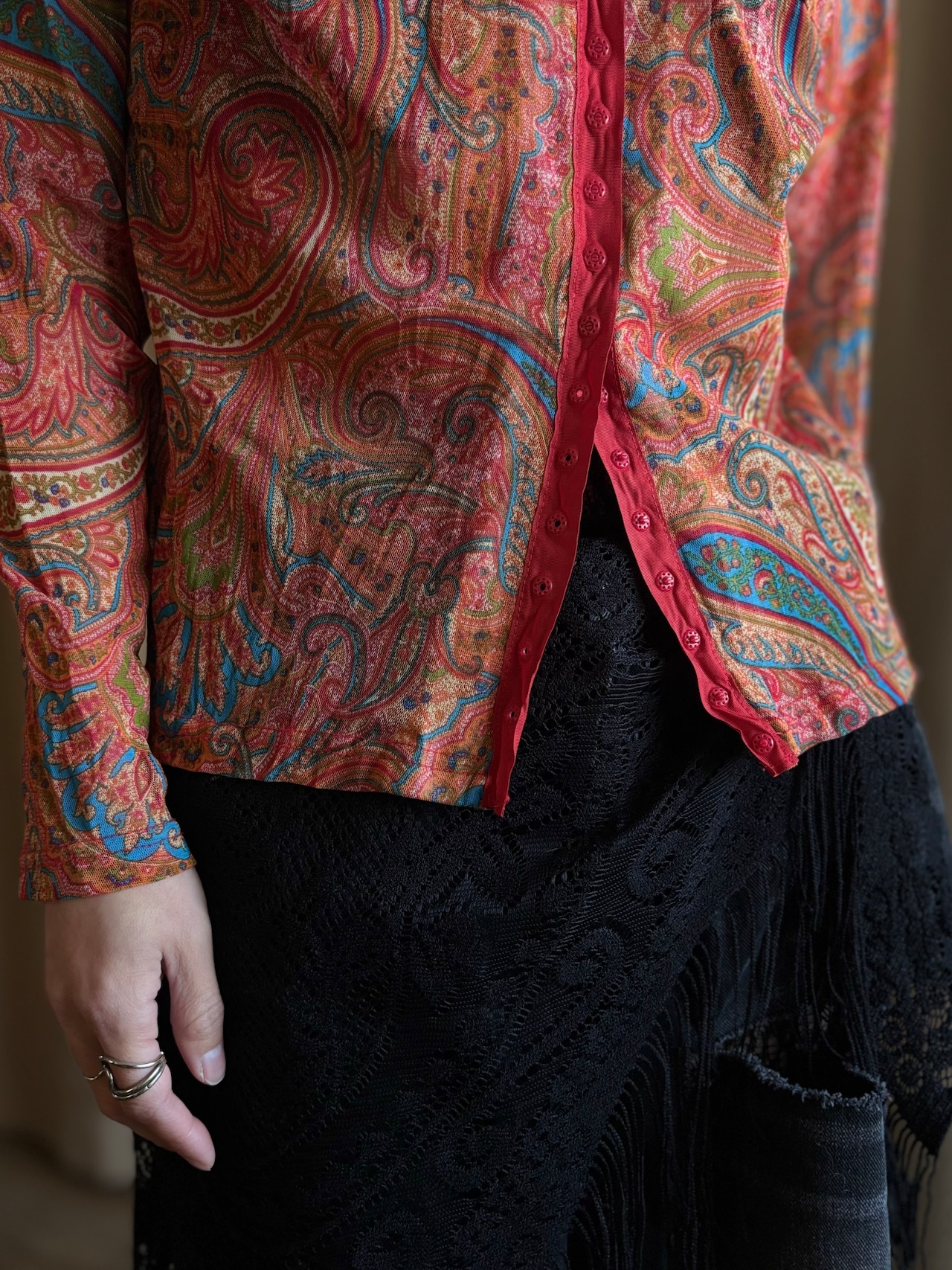 paisley pattern sheer high neck tops-5134-1