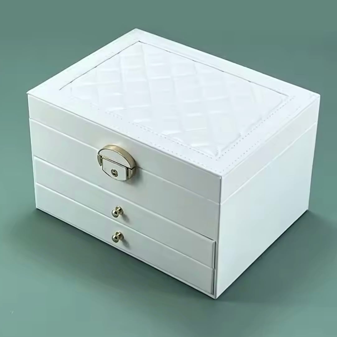 ジュエリーボックス】大容量3段収納／鍵付きレザー調アクセサリー