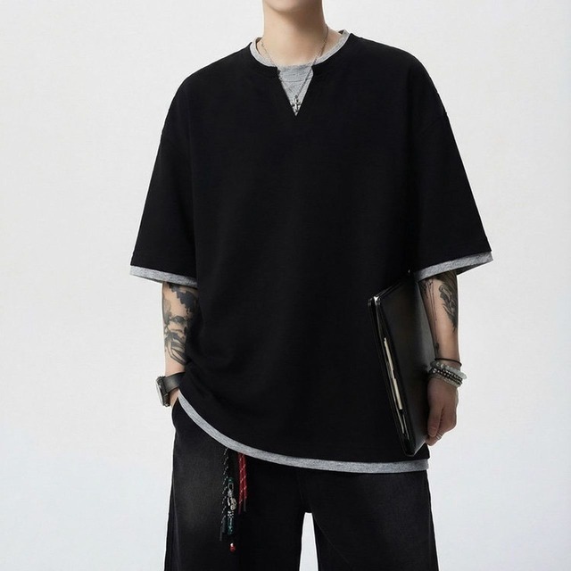 Faux Two-Piece V-Neck Short-Sleeve T-Shirt(MT1633)