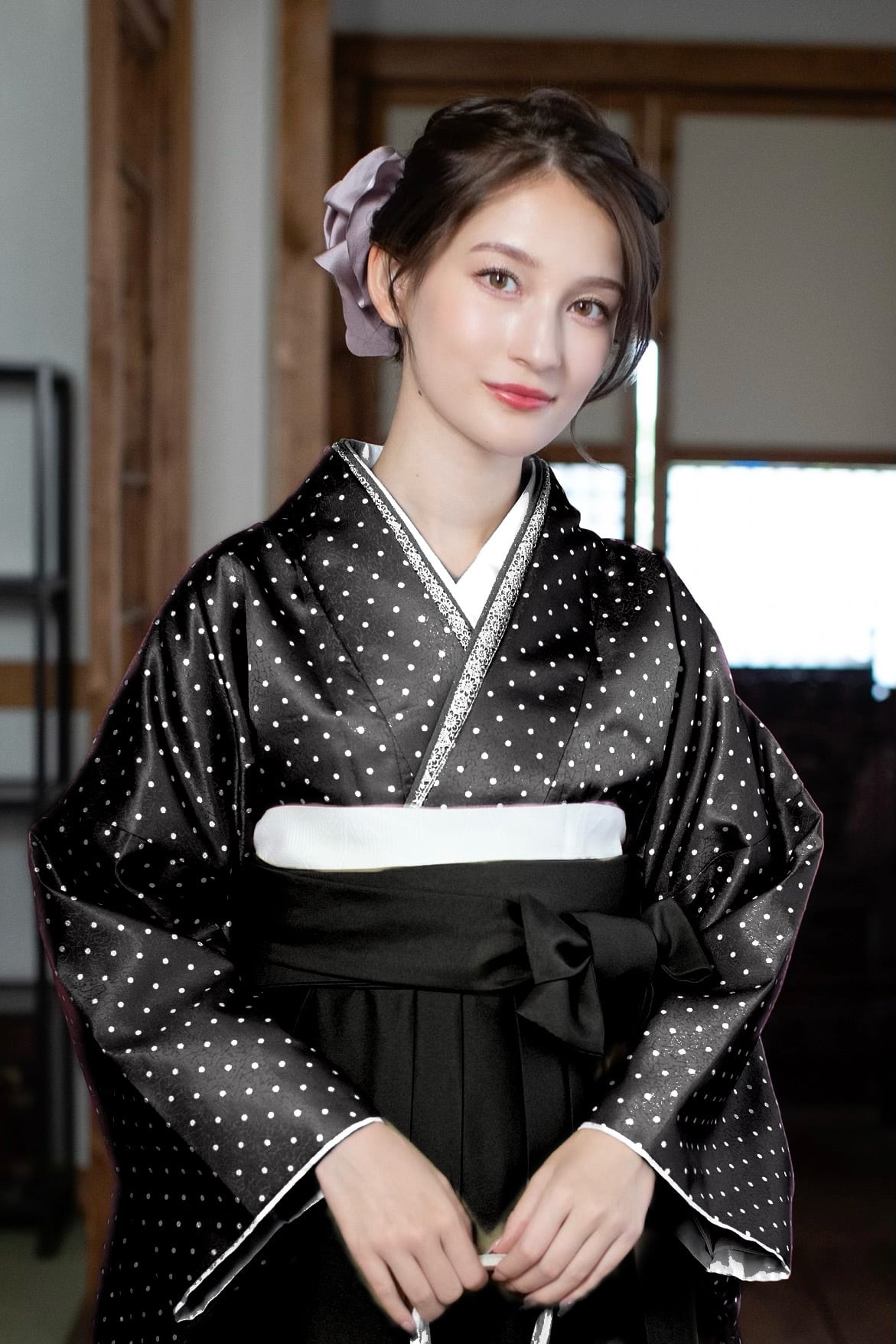 Kimono Sienne 卒業式袴3点セット ドット柄 水玉 黒 黒コーデ 袴 二尺袖着物 袴 卒業式 | Kimono Sienne