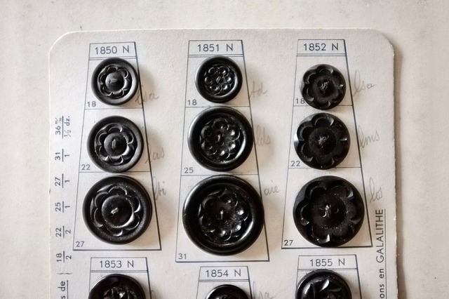 フランス 1900s 幾何学の黒花とgalalithe製ボタンの見本シート アンティーク