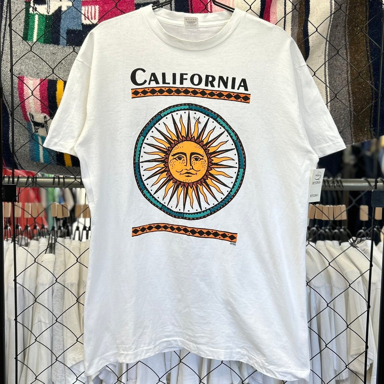 90s USA製 カリフォルニア 太陽 モチーフ 半袖Tシャツ デザインプリント シングルステッチ フルーツオブザルーム L 古着 古着屋 埼玉  ストリート オンライン 通販 アメカジ ヴィンテージ