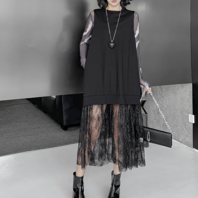 Tie-dye see-through top and midi dress C0961