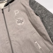 美品 PAPAS パパス フード付き ニット切替 スタジャン 裏フリース ジャケット サイズ 50 L /グレー系/ワッペン付き/メンズ/日本製