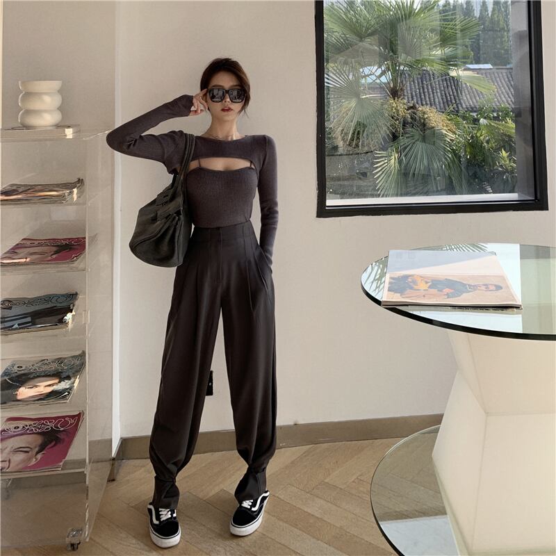 気質カジュアルワイドレッグパンツスーツレディース2020年秋新作ニットブラウスキャミソールツーピーススーツ ブラックストロベリース12897364819