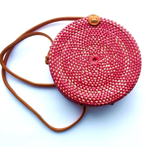 【バリ直輸入】ラウンド ショルダーバッグ(ピンク)/丸型カゴバッグ/ストローbag/リゾートバッグ