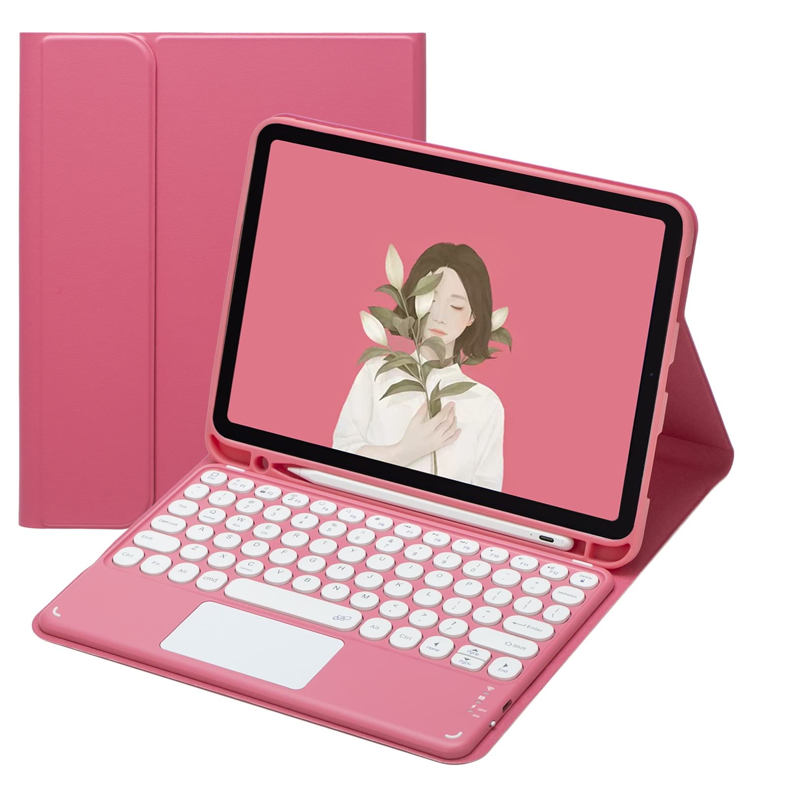 【特価処分】iPad Pro 11インチ 第4/3/2/1世代用の キーボードケース タッチパッド搭載 可愛い 丸型キー iPadPro11 2022/2021/2020/2018年型用の キーボード付き カバー トラックパッド マウス機能 ペンシル収納可能 (濃いピンク)