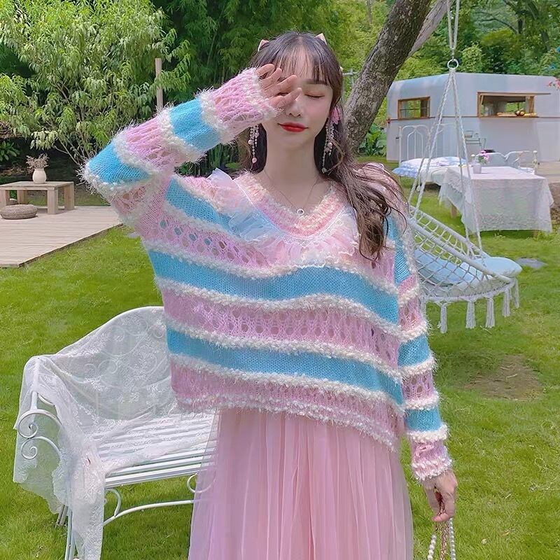 【オシャレ⭐TOMORROWLAND tricot】ピンク　青　ボーダー　S セール】 TOMORROWLAND tricot ウール ケーブルニット （ニット