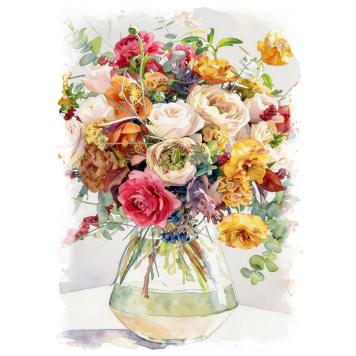 絵画 花(フラワー) バラの花束 インテリアアート額付き 水彩画・油絵調