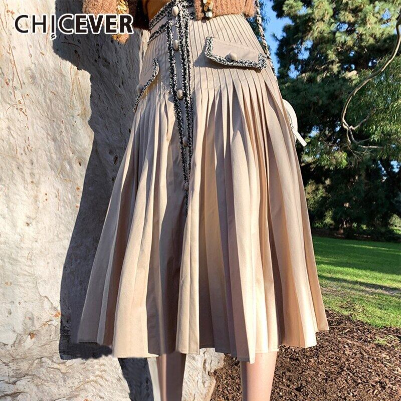 CHICEVERパッチワークツイードレディーススカートウエストボタンポケットプリーツAラインミディスカート2020秋 オータム 秋物 6base575910142502