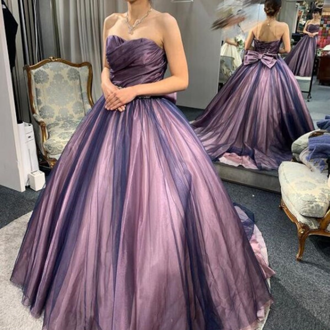 大人気上昇 カラードレス ピンク紫 ベアトップ プリンセスライン  