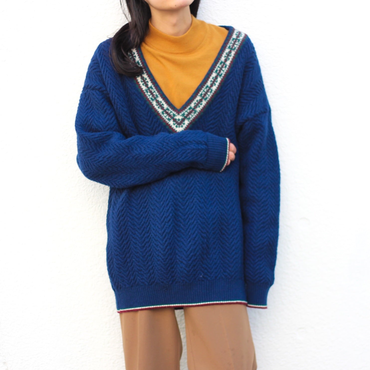 1990's Christian Dior ナイトブルー ディープVネック チルデンニット