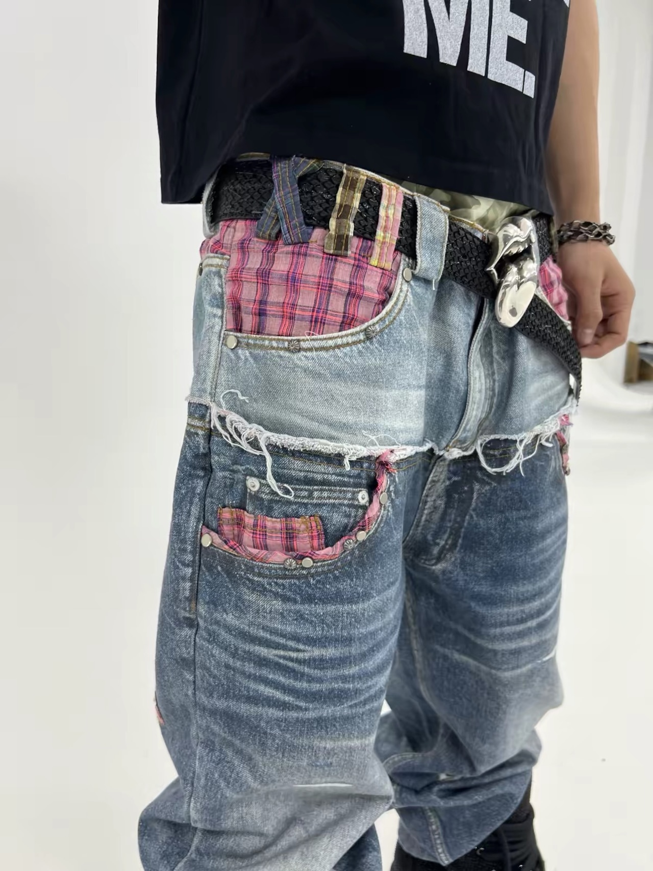 【TecNineGroup】PLAID DOUBLE-WAIST JEANS