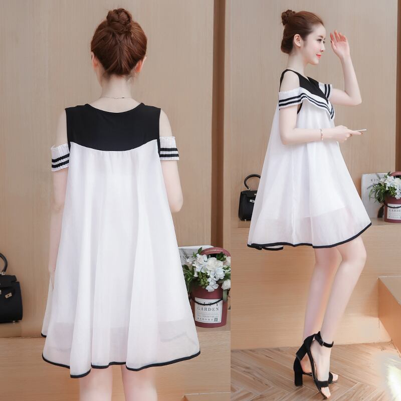 【新作】【送料無料】 マタニティ服カラーブロックショルダーフレアスリーブパッチワークゆるい妊婦マタニティシフォンドレス AL expec392314525671