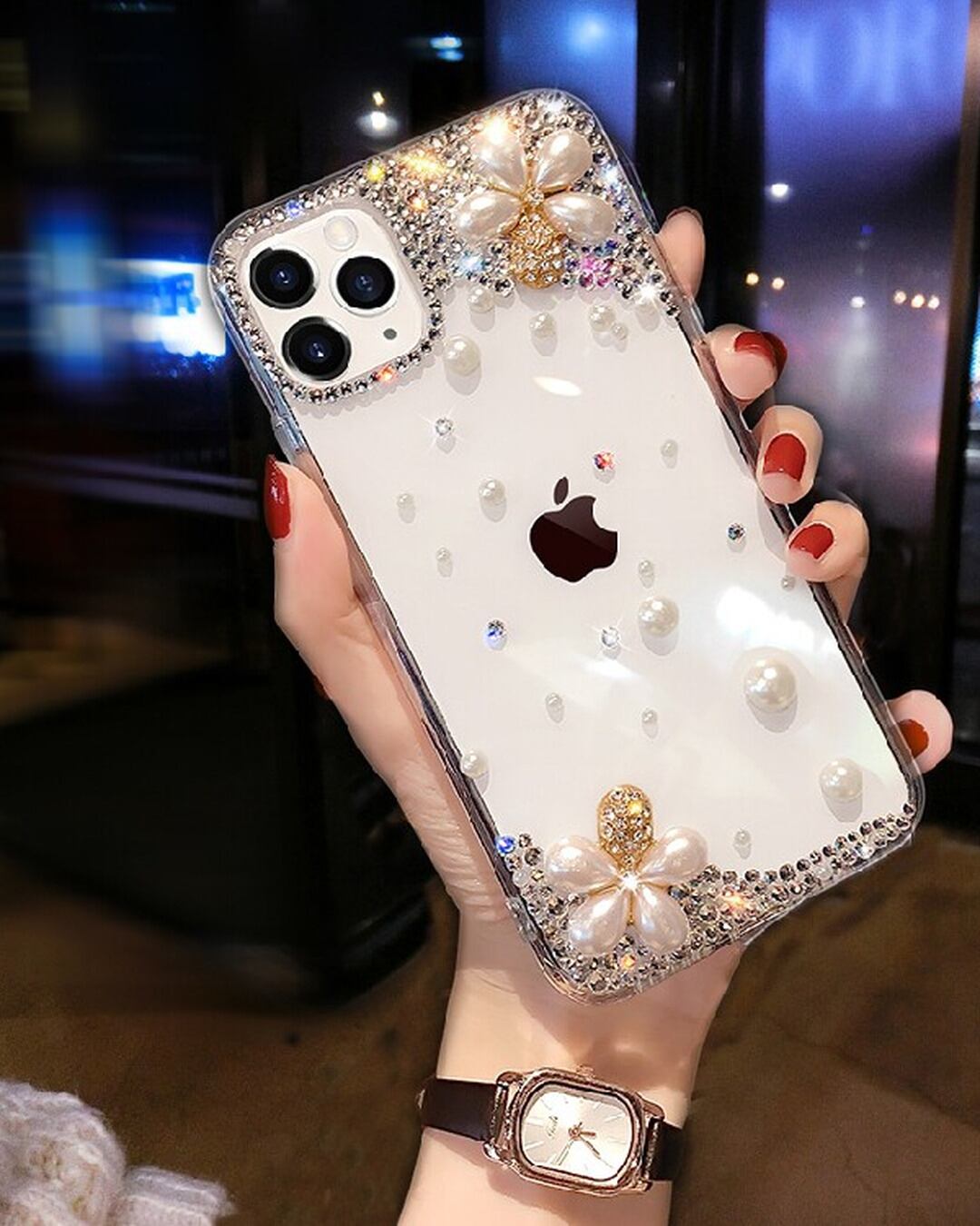 パールフラワー ラインストーン クリアiPhoneケース