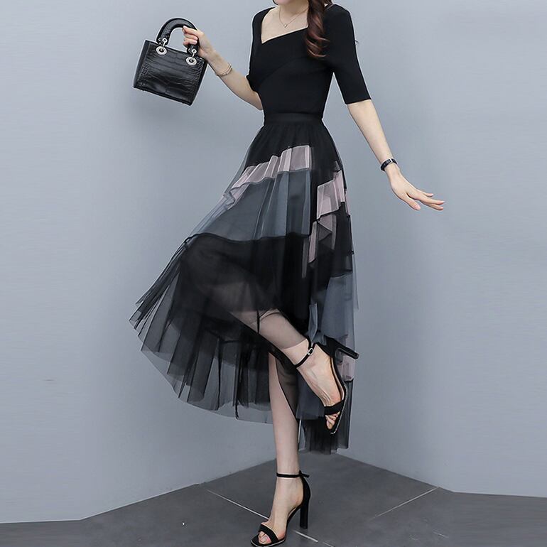 SET＊アシンメトリーリブトップス＆ティアードチュールスカート 100920  