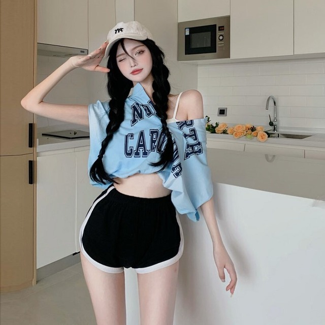 レッドTシャツ ルーズショートVネックノースリーブトップス サマー 夏物 ステッチ Xiaofeijia39356759788
