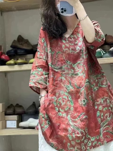 初回送料無料 カジュアル上着 チュニック Vネックの五分袖がゆったりしているトップス 人気商品