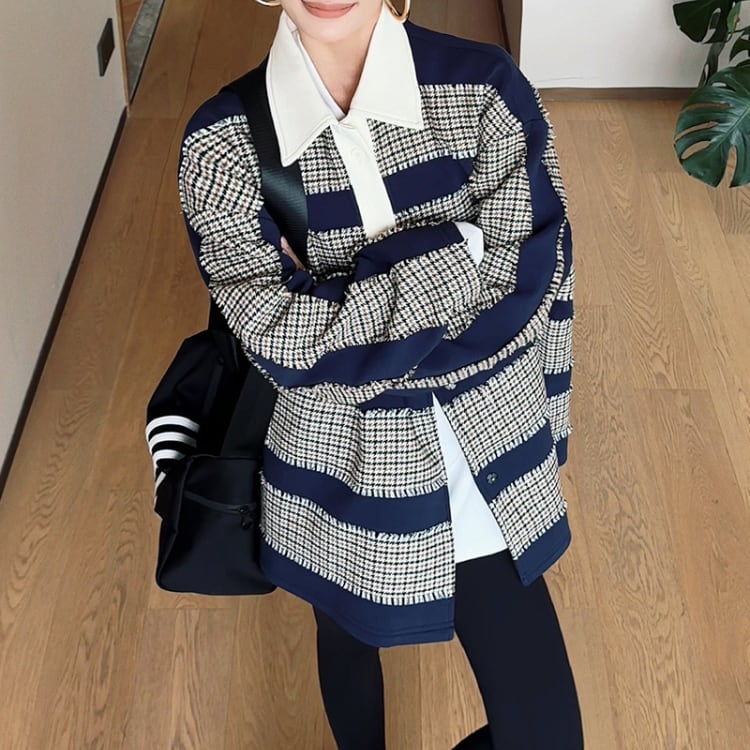 千鳥格子切替デザインPOLOカラーゆったりジャケット R30038