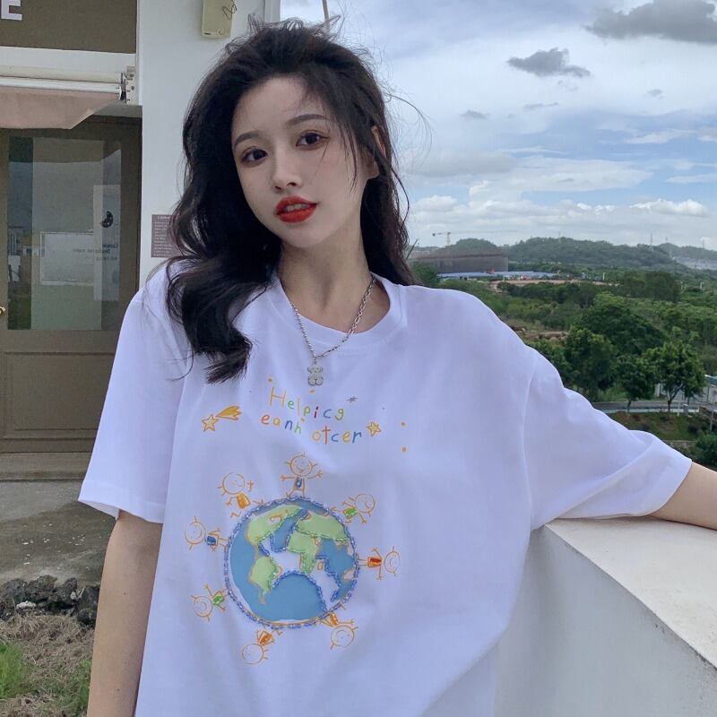 Tシャツ サマープリント柄ルーズ半袖スリーブトップス レディース ショート ハーフスリーブ 大人ガーリー スウィート キュート カジュアル 夏物 YY-ファッション14350699139