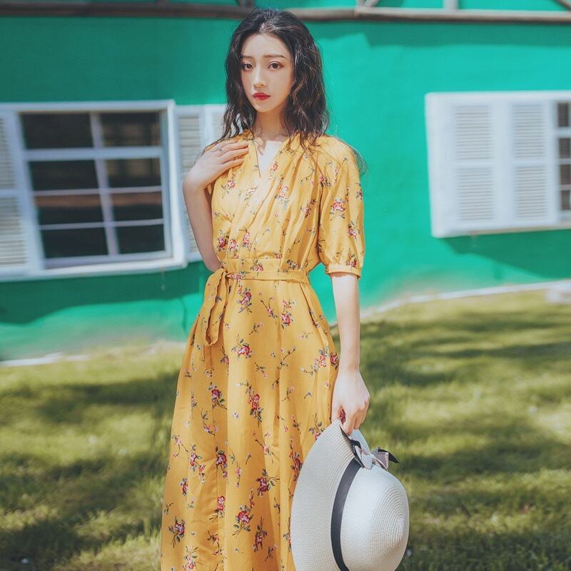 スタンダードイエロー 黄色Vネック花柄 お花 フラワーウエストドレス