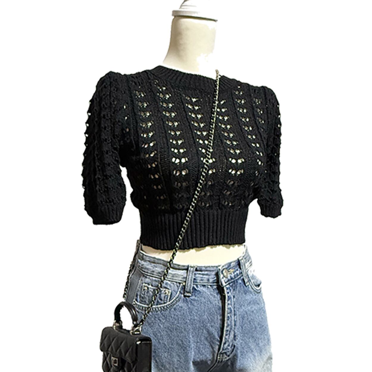 スカッシュ サマーニット パフショルダー／ブラック