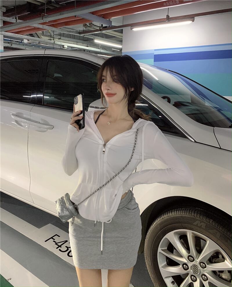 フードニットカーディガンジャケット サマー薄手ショートシャツ ロング 夏物 シルク ブラックストロベリース93889743224