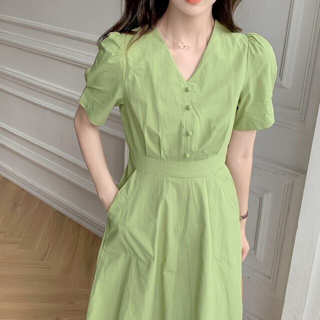 ワンピース レディース フレアスカート 膝下丈 半袖 パフスリーブ バックリボン おしゃれ かわいい デート お出かけ ピスタチオカラー グリーン サイズ展開豊富 S/M/L/XL/2XL/3XL