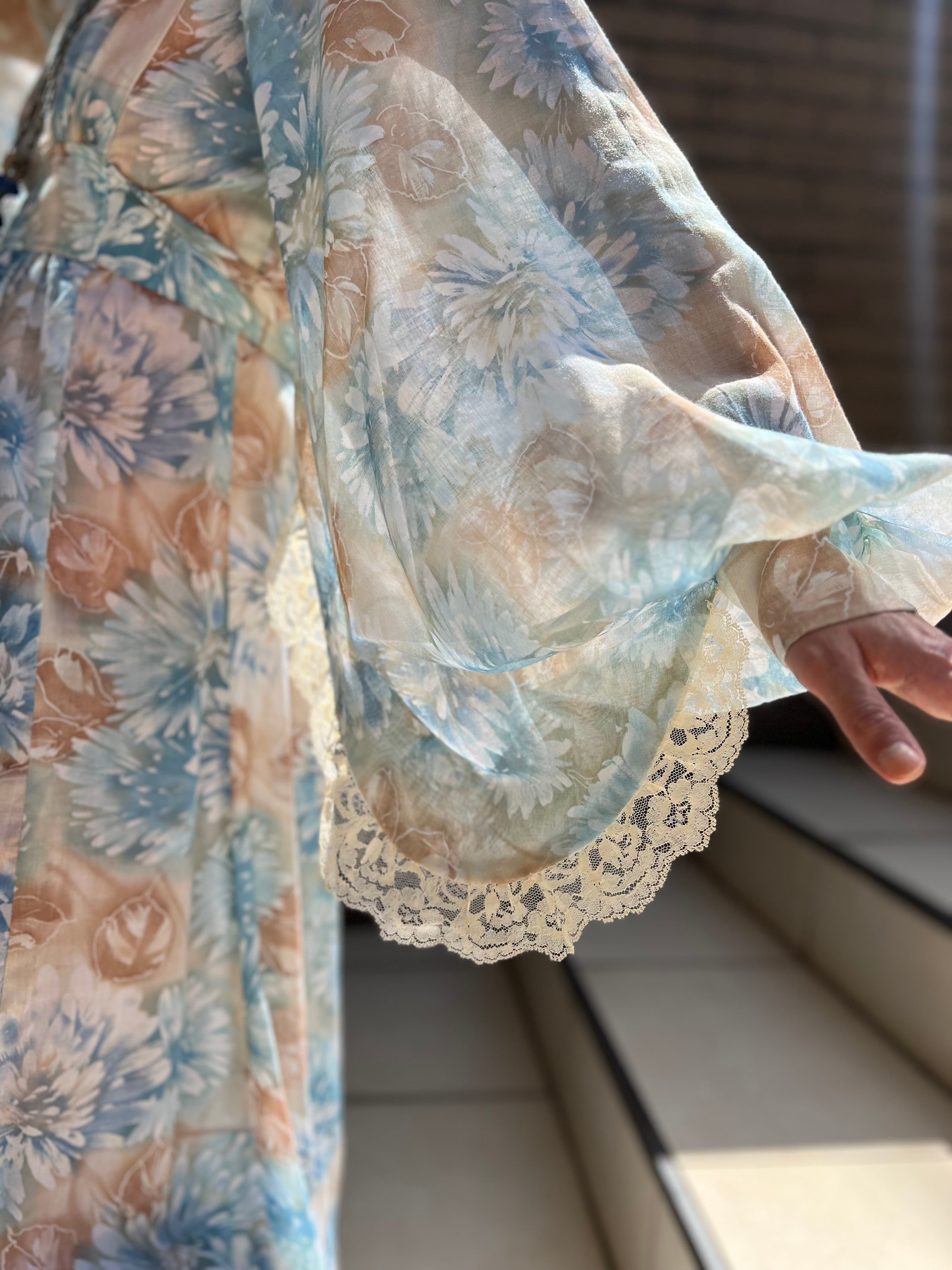 70s floral × lace dress ( ヴィンテージ 花柄 × レース ワンピース