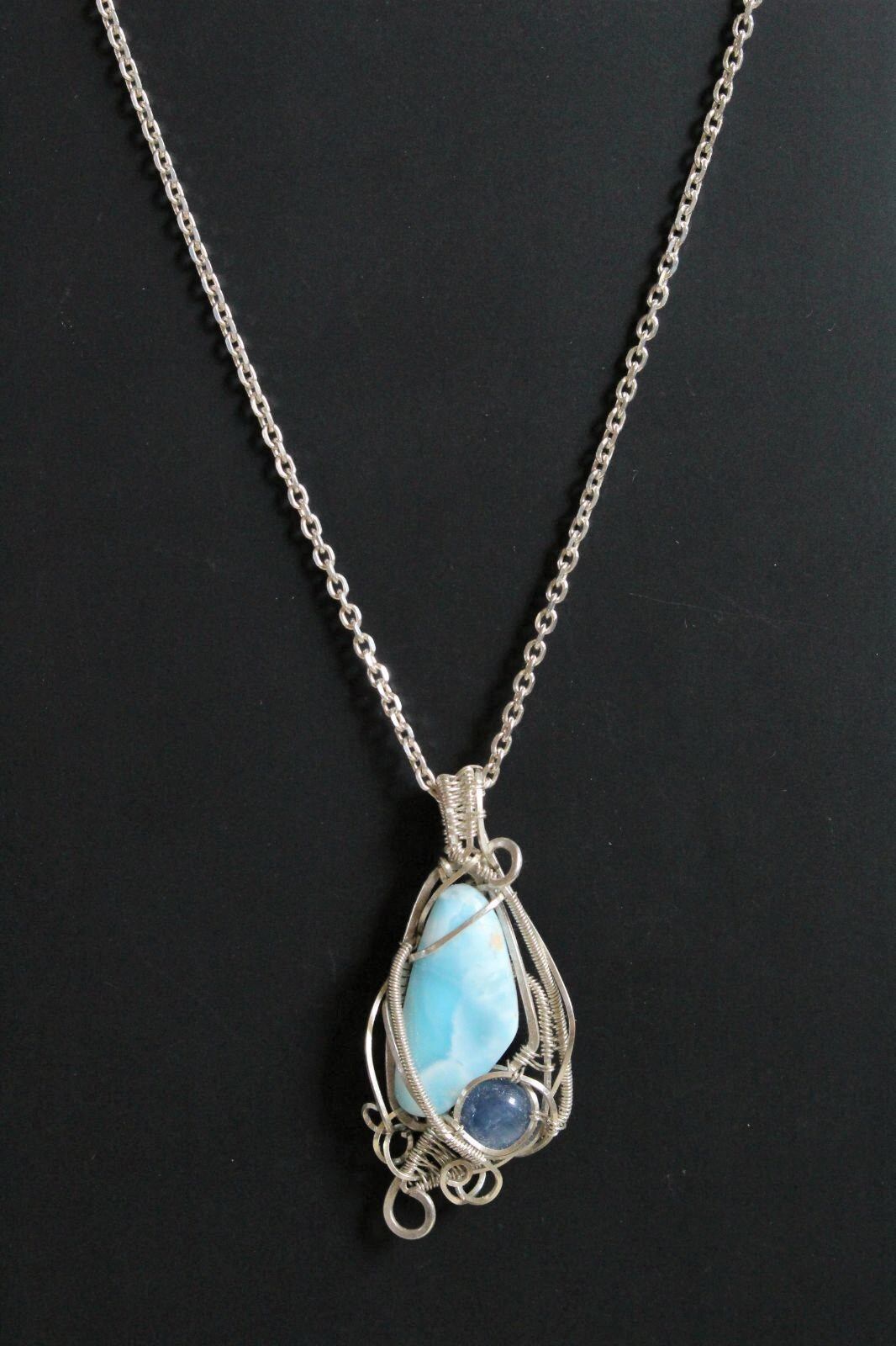 Larimar & Kyanite silver925 wirewrapping pendant