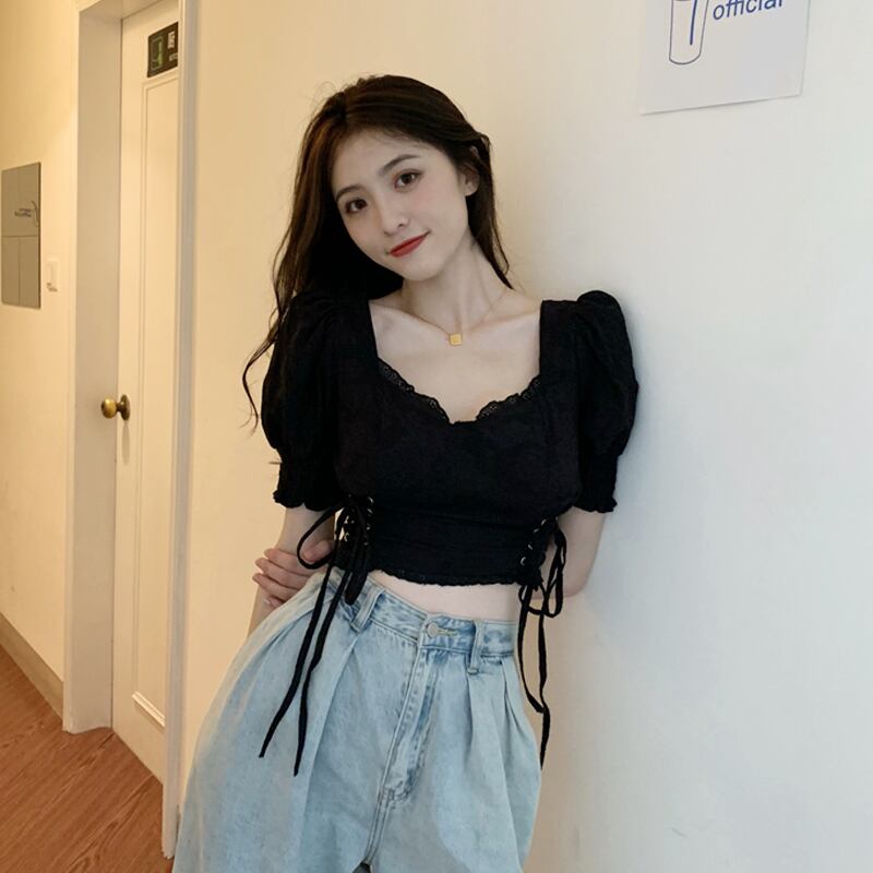 ウェストショートクロップドトップス サマースリーブカラーシャツ 夏物 スクウェア 試着室74346382720