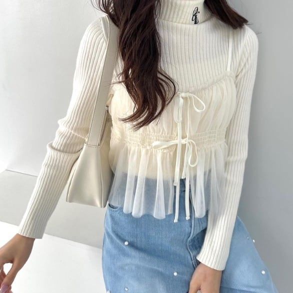 ビスチェ トップス キャミソール チュール リボン ショート丈 ギャザー