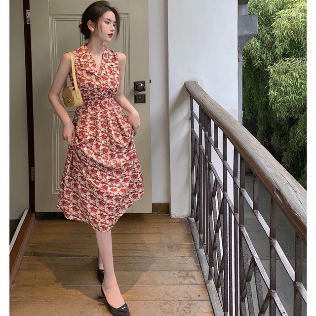 スタイルスタンダードシフォンフローラルドレス サマーウェストスカート レトロ 夏物 花柄 ガールズファッション65150162956