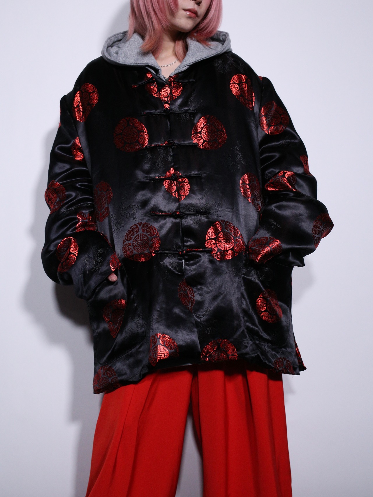 XXXL over silhouette 紋様 satin china shirt jacket - 1