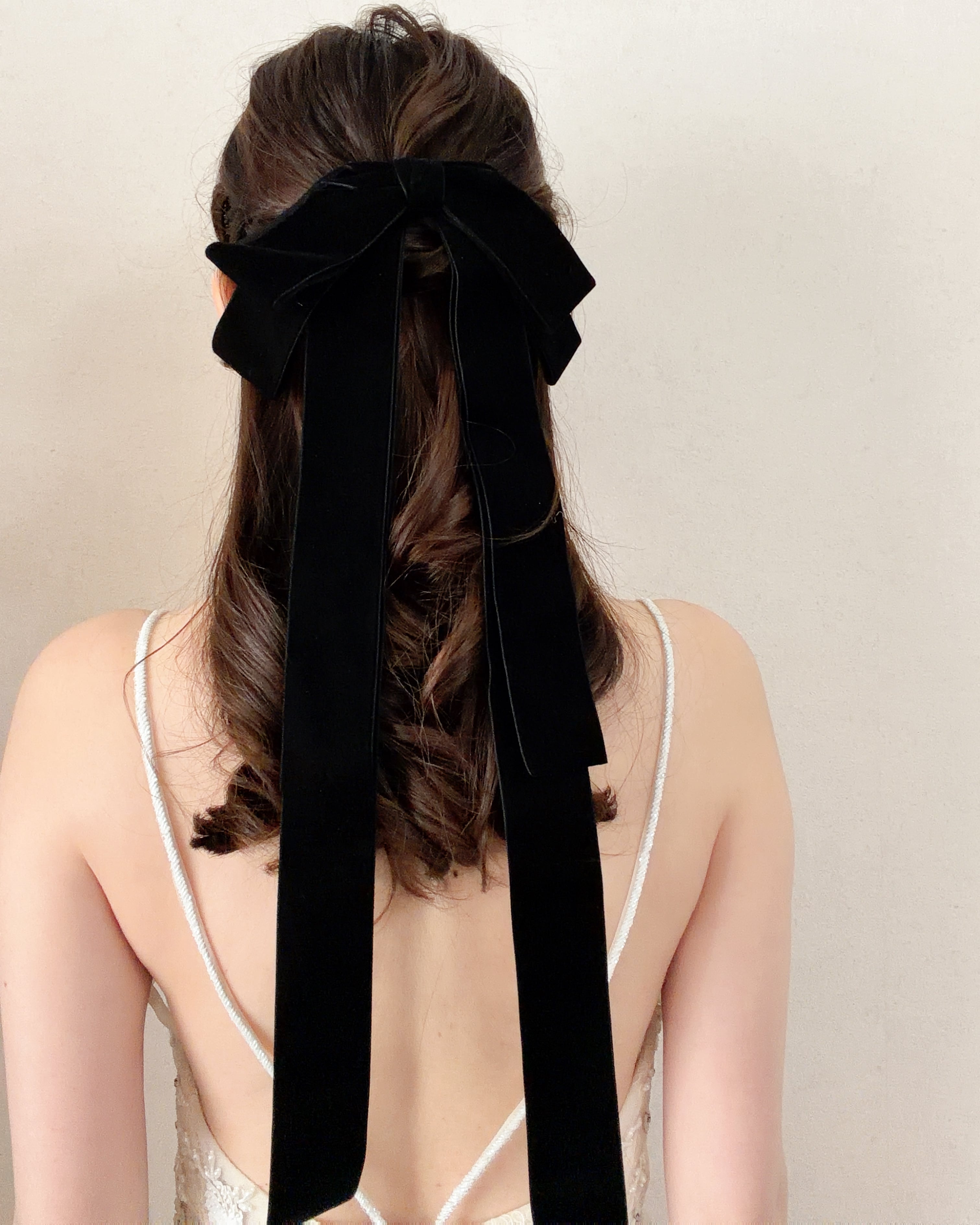 ロングVリボンヘアアクセサリーウェディングブラック【RB2604-07