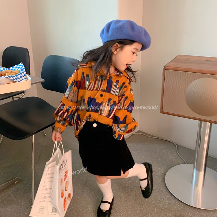 90 140 ヴィンテージ プリント シャツ 柄シャツ トップス 長袖 男の子 女の子 秋冬 子供服 女の子 人気 カジュアル 韓国版 可愛い Q Toworld キュートワールド 子供服