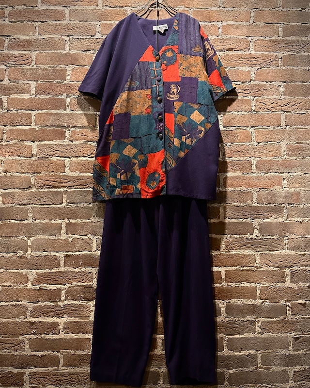 【Caka act3】Art Pattern Switching Vintage Loose S/S Shirt Setup